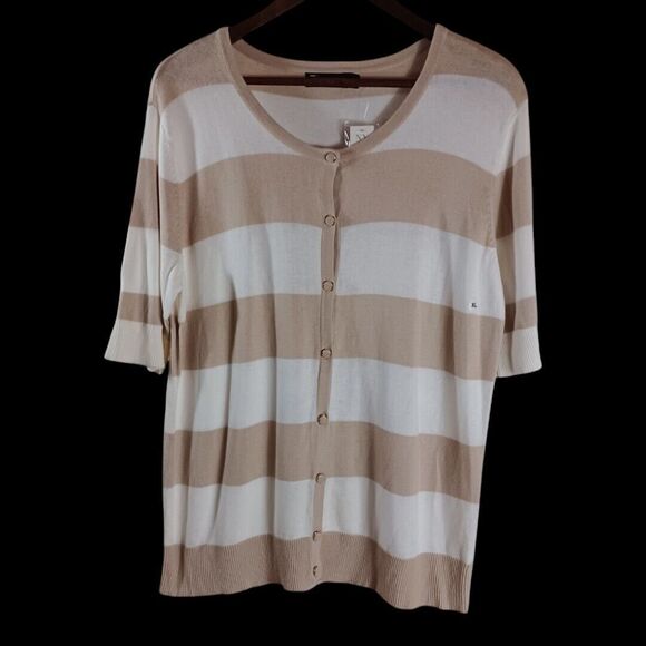 NWT 7th Avenue Design Studio New York White Tan Striped Short Sleeve Sweater XL - Picture 1 of 7